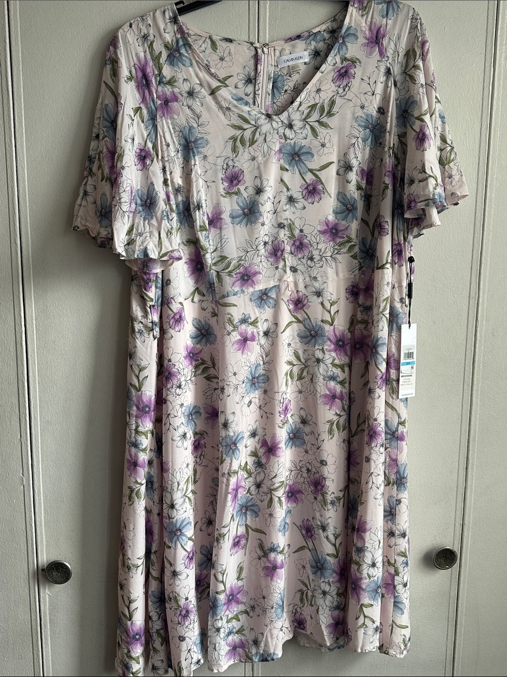 Calvin Klein Floral V-Neck Swing Dress — Lavender & Blue Flowers